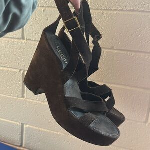 Gucci Brown Suede Leather Wedge Heel Pumps Shoes Heels Strappy Ankle Wrap